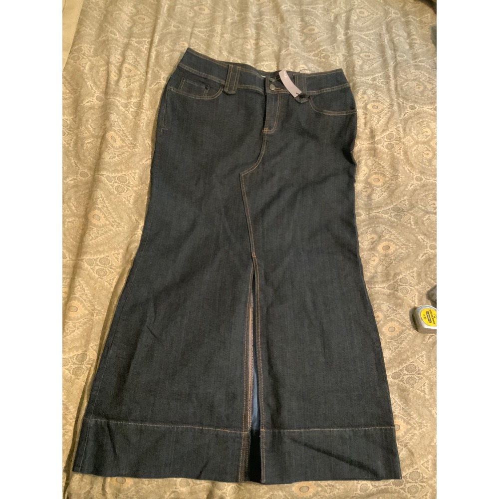 Venezia Women Dark Wash Denim Maxi Skirt Front Slit Long Jean Skirt NWT